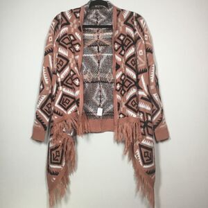 Aztec Western Southwestern asymmetrical cardigan duster with tassel fringe Sz S